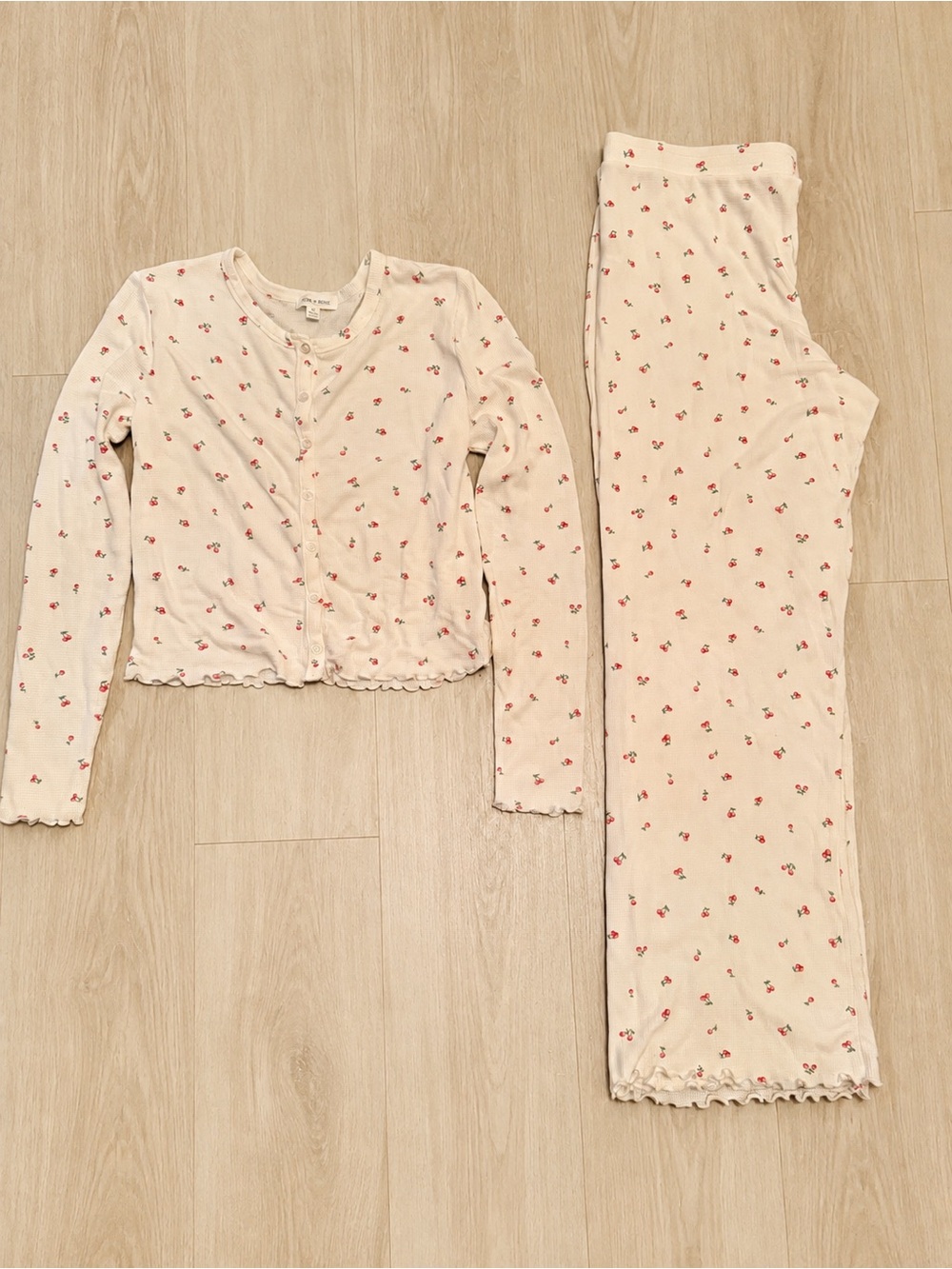 Pink Rose XL Cherry Print Modal Waffle Knit Pajama Set Coquette Y2K